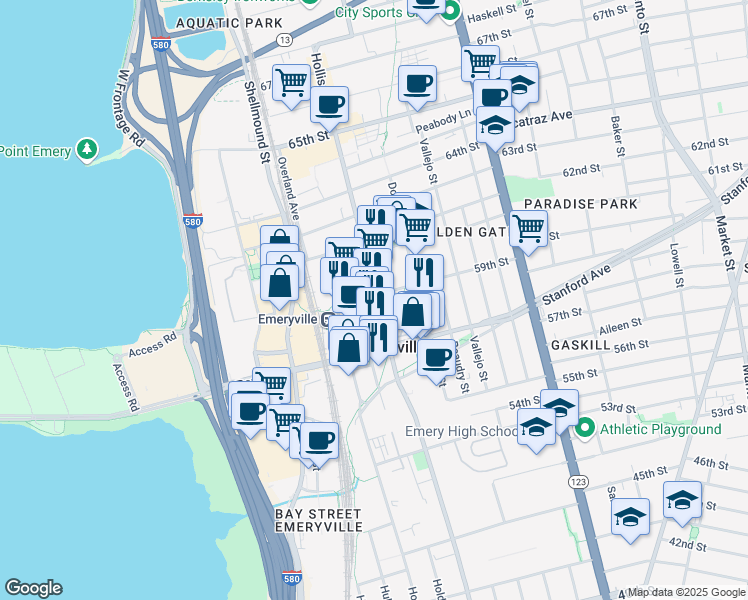 map of restaurants, bars, coffee shops, grocery stores, and more near 5885 Hollis Street in Emeryville