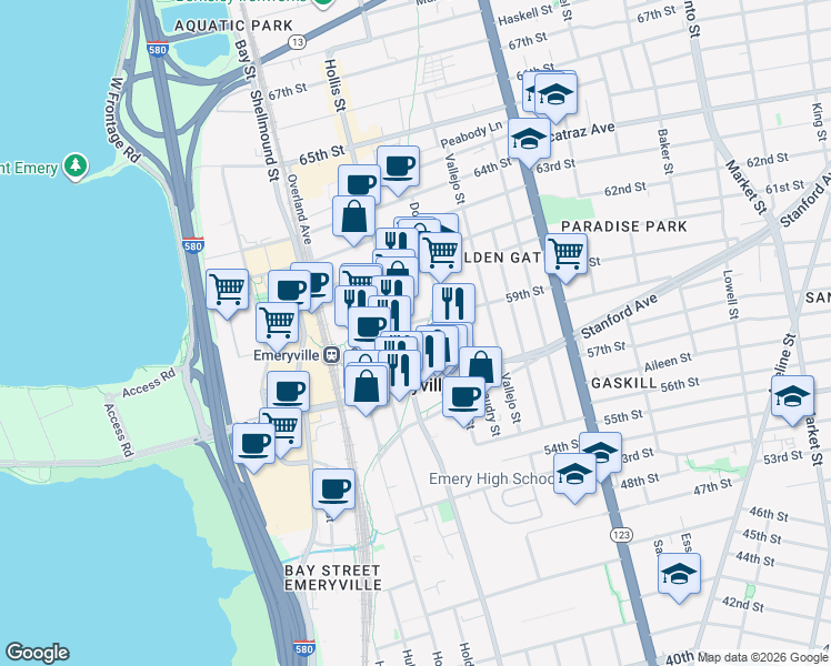 map of restaurants, bars, coffee shops, grocery stores, and more near 5812 Hollis Street in Emeryville