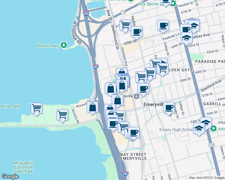 map of restaurants, bars, coffee shops, grocery stores, and more near 6007 Christie Avenue in Emeryville