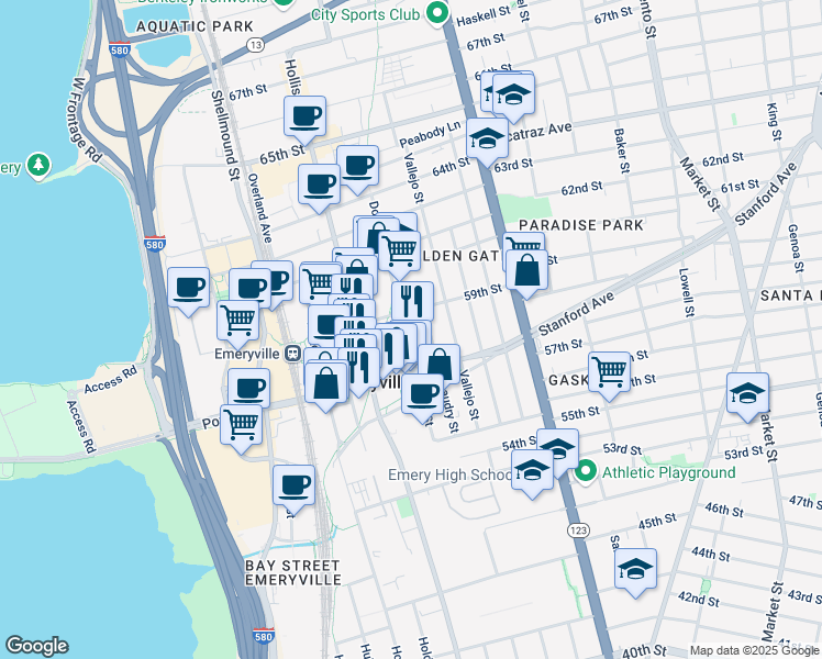 map of restaurants, bars, coffee shops, grocery stores, and more near in Emeryville