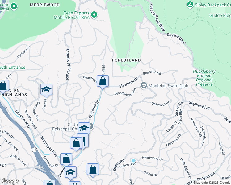 map of restaurants, bars, coffee shops, grocery stores, and more near 1734 Woodhaven Way in Oakland