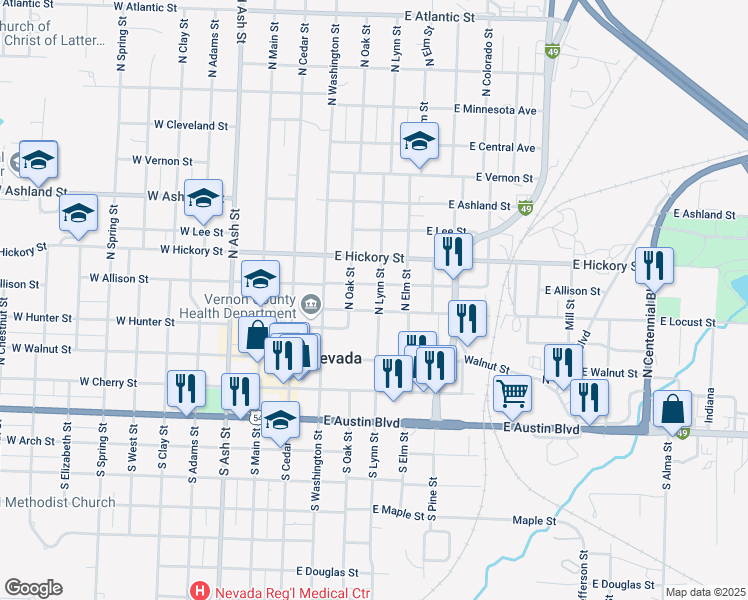map of restaurants, bars, coffee shops, grocery stores, and more near 241 North Lynn Street in Nevada