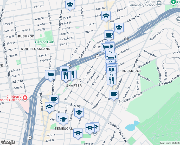 map of restaurants, bars, coffee shops, grocery stores, and more near 5360 Locksley Avenue in Oakland