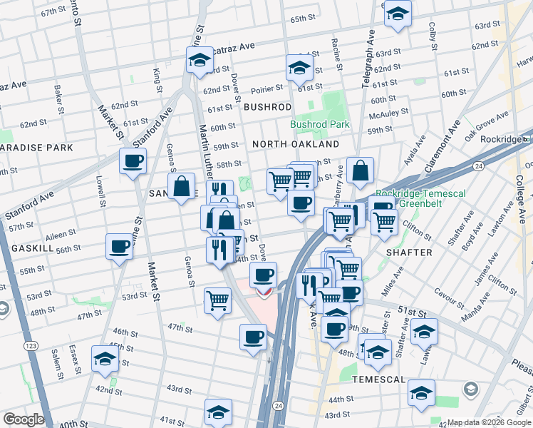 map of restaurants, bars, coffee shops, grocery stores, and more near 660 55th Street in Oakland