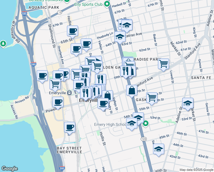 map of restaurants, bars, coffee shops, grocery stores, and more near 1240 Powell Street in Emeryville