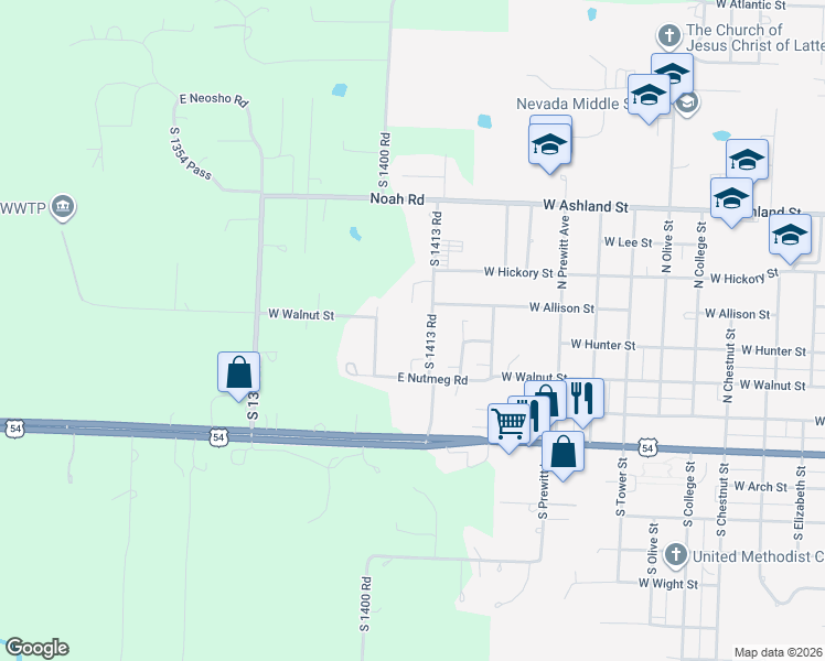 map of restaurants, bars, coffee shops, grocery stores, and more near 16860 South 1413 Road in Nevada