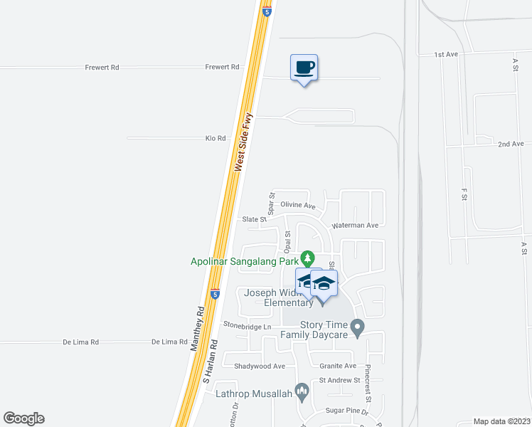 map of restaurants, bars, coffee shops, grocery stores, and more near 13181 Spar Street in Lathrop