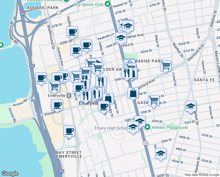 map of restaurants, bars, coffee shops, grocery stores, and more near 5855 Vallejo Street in Emeryville