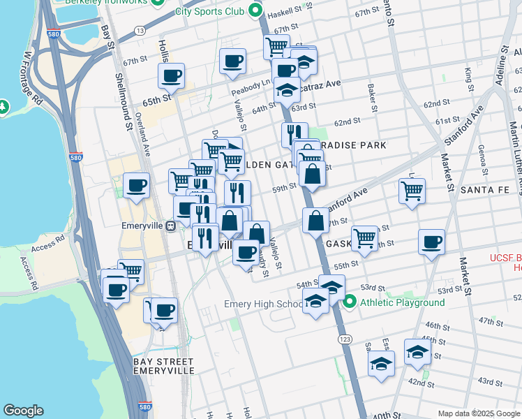 map of restaurants, bars, coffee shops, grocery stores, and more near 5855 Vallejo Street in Emeryville