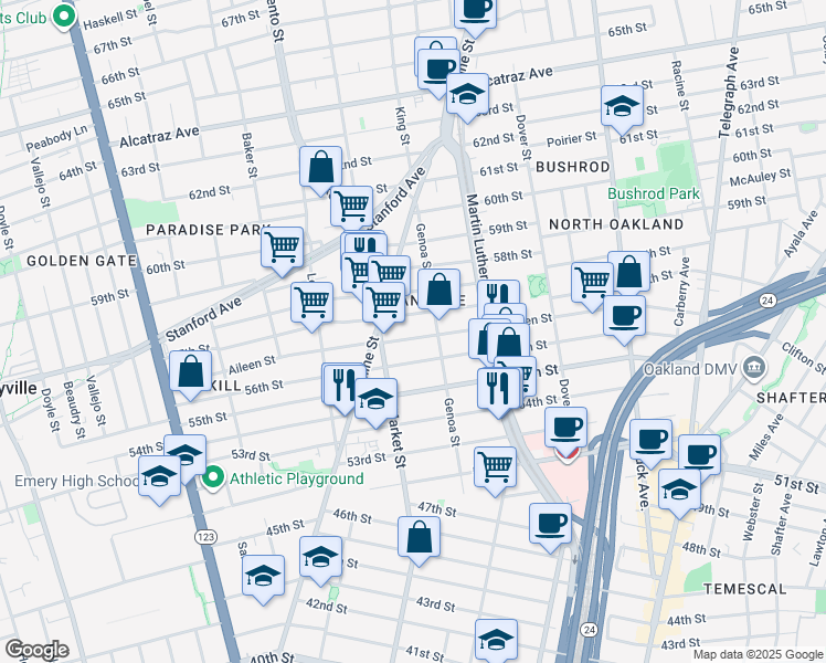 map of restaurants, bars, coffee shops, grocery stores, and more near 858 56th Street in Oakland