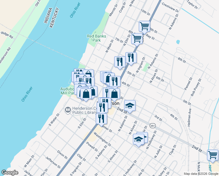 map of restaurants, bars, coffee shops, grocery stores, and more near 287 North Green Street in Henderson