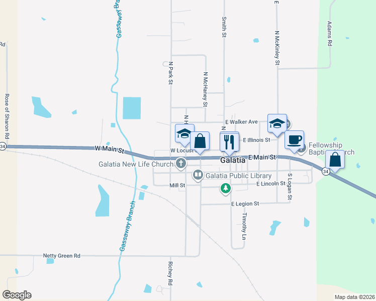 map of restaurants, bars, coffee shops, grocery stores, and more near 119 West Main Street in Galatia