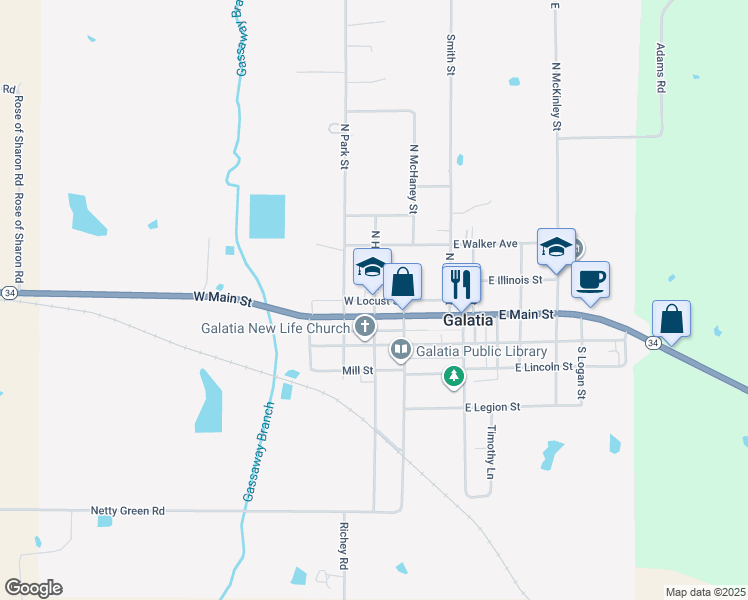 map of restaurants, bars, coffee shops, grocery stores, and more near 200-264 N Park St in Galatia