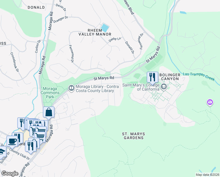 map of restaurants, bars, coffee shops, grocery stores, and more near 1011 Del Rio Way in Moraga