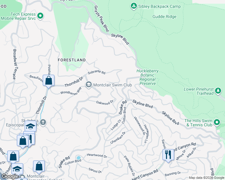 map of restaurants, bars, coffee shops, grocery stores, and more near 6666 Oakwood Drive in Oakland
