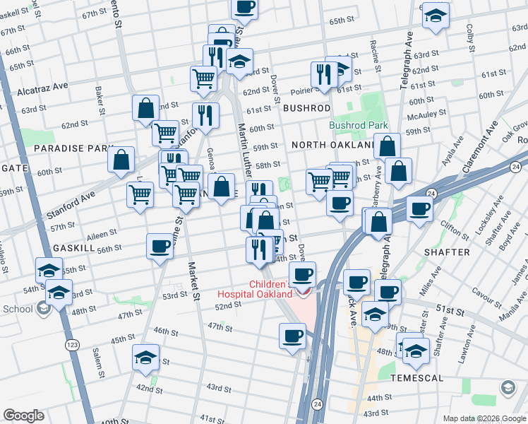 map of restaurants, bars, coffee shops, grocery stores, and more near in Oakland