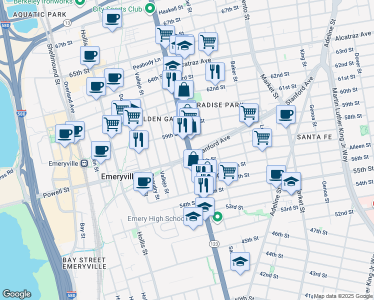 map of restaurants, bars, coffee shops, grocery stores, and more near 1097 59th Street in Oakland