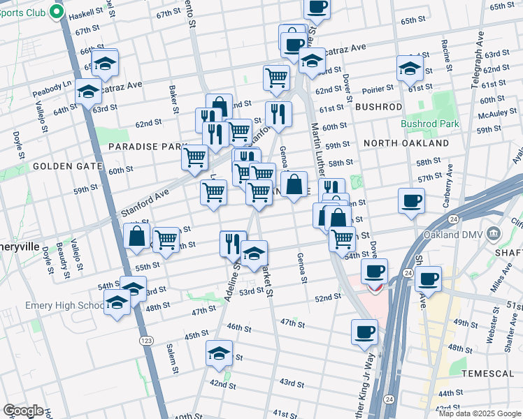 map of restaurants, bars, coffee shops, grocery stores, and more near 5716 Adeline Street in Oakland
