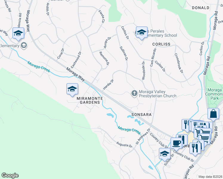 map of restaurants, bars, coffee shops, grocery stores, and more near 26 Hardie Drive in Moraga