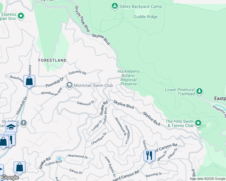 map of restaurants, bars, coffee shops, grocery stores, and more near 1760 Manzanita Drive in Oakland