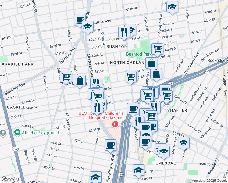 map of restaurants, bars, coffee shops, grocery stores, and more near 5614 Dover Street in Oakland