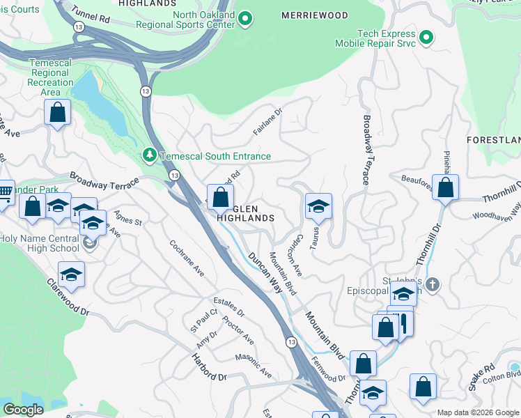 map of restaurants, bars, coffee shops, grocery stores, and more near 936 Mountain Boulevard in Oakland