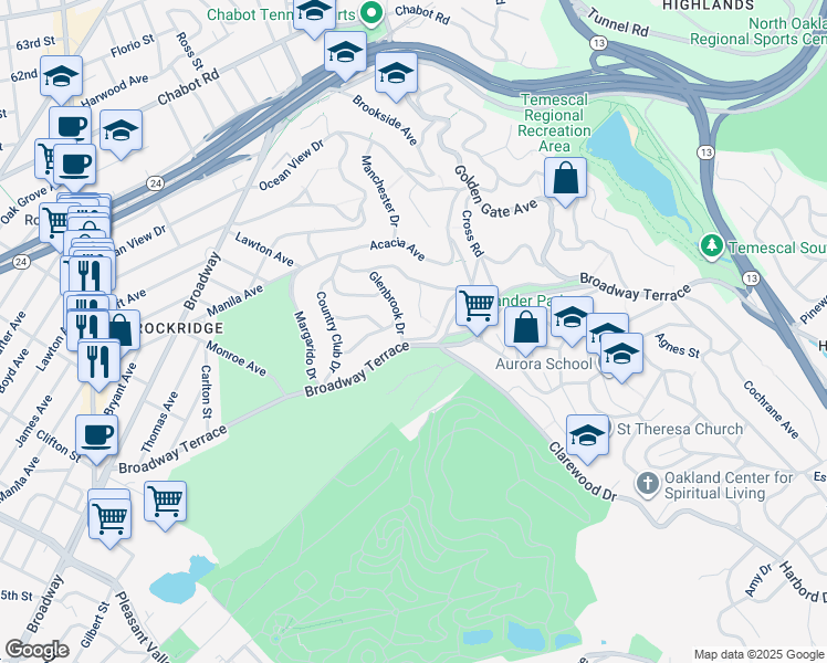 map of restaurants, bars, coffee shops, grocery stores, and more near 5758 Romany Road in Oakland