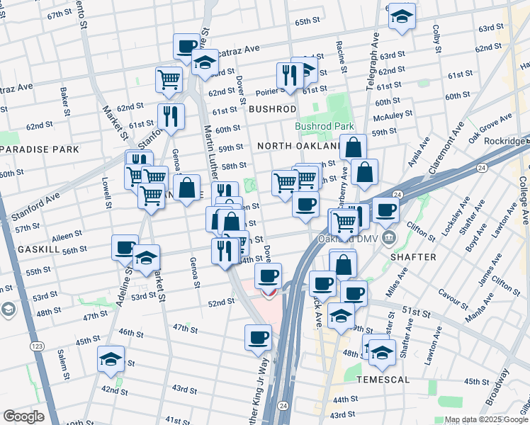 map of restaurants, bars, coffee shops, grocery stores, and more near 5614 Dover Street in Oakland