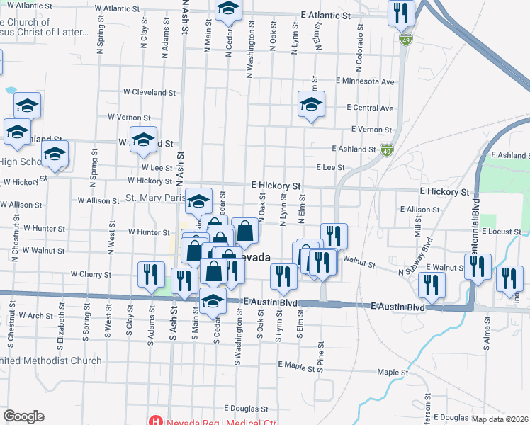map of restaurants, bars, coffee shops, grocery stores, and more near 217 East Allison Street in Nevada