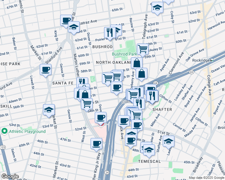 map of restaurants, bars, coffee shops, grocery stores, and more near 506 Aileen Street in Oakland