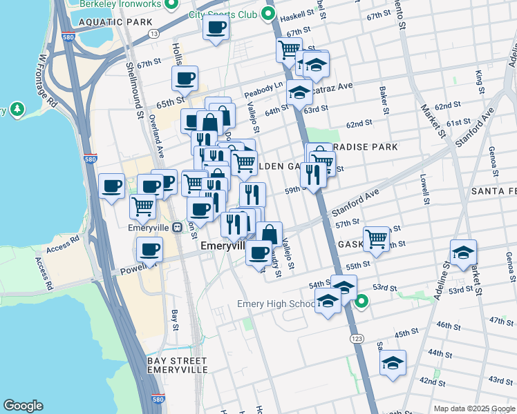 map of restaurants, bars, coffee shops, grocery stores, and more near 1290 59th Street in Emeryville