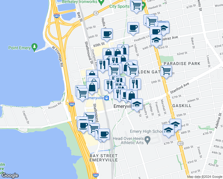 map of restaurants, bars, coffee shops, grocery stores, and more near 5980 Horton Street in Emeryville