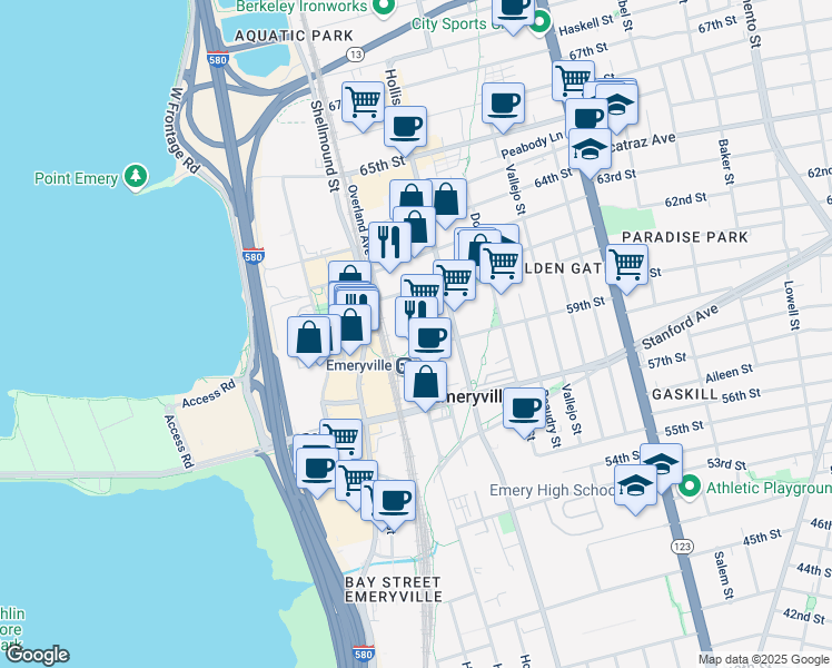 map of restaurants, bars, coffee shops, grocery stores, and more near 5980 Horton Street in Emeryville