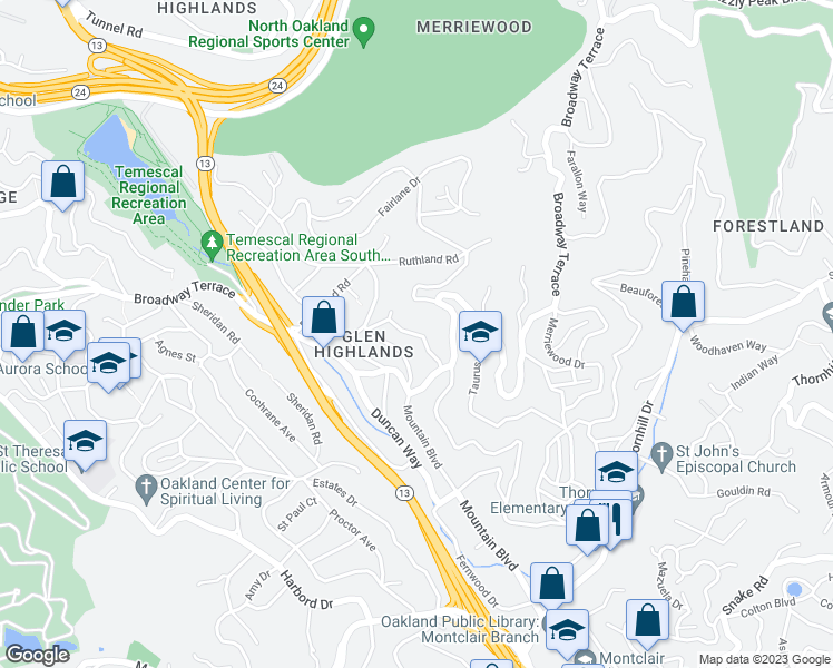 map of restaurants, bars, coffee shops, grocery stores, and more near Aquarius Way in Oakland