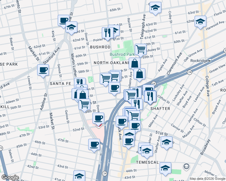 map of restaurants, bars, coffee shops, grocery stores, and more near 604 56th Street in Oakland