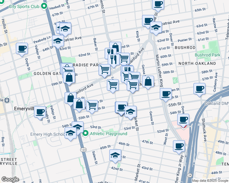 map of restaurants, bars, coffee shops, grocery stores, and more near 57th Street & Lowell Street in Oakland