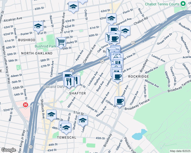 map of restaurants, bars, coffee shops, grocery stores, and more near 5378 Locksley Avenue in Oakland