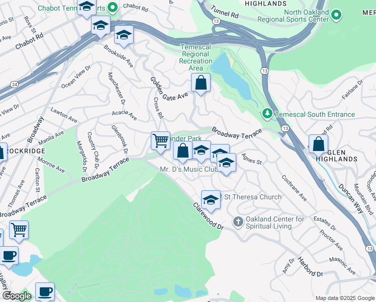 map of restaurants, bars, coffee shops, grocery stores, and more near 82 Wilding Lane in Oakland