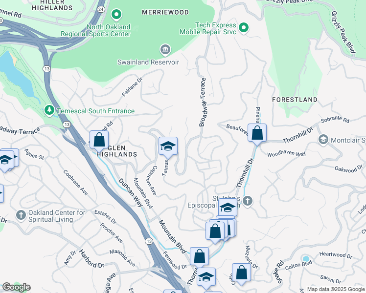 map of restaurants, bars, coffee shops, grocery stores, and more near 12032 Broadway Terrace in Oakland