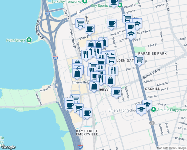 map of restaurants, bars, coffee shops, grocery stores, and more near 6121 Hollis Street in Emeryville