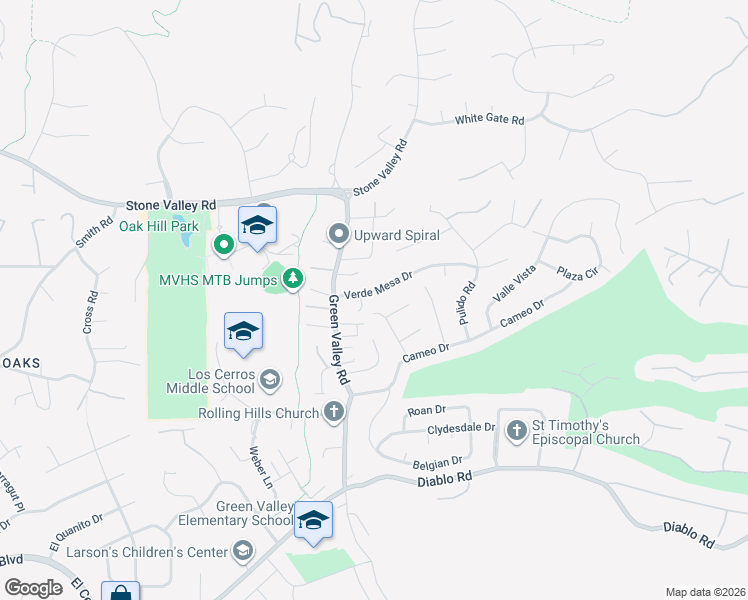 map of restaurants, bars, coffee shops, grocery stores, and more near 135 Verde Mesa Drive in Danville