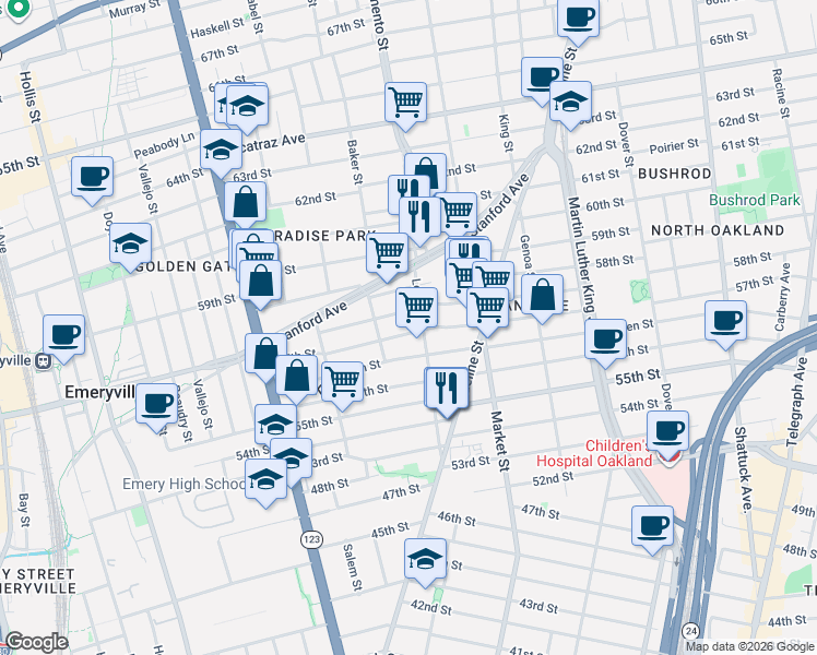 map of restaurants, bars, coffee shops, grocery stores, and more near 964 57th Street in Oakland