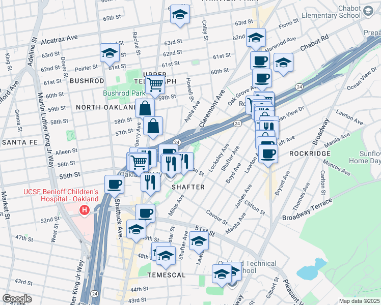 map of restaurants, bars, coffee shops, grocery stores, and more near 485 Hardy Street in Oakland