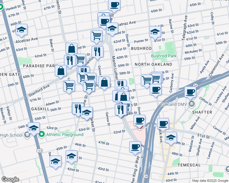 map of restaurants, bars, coffee shops, grocery stores, and more near 822 57th Street in Oakland