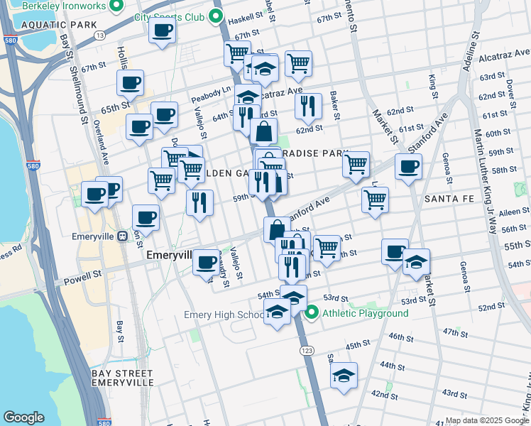 map of restaurants, bars, coffee shops, grocery stores, and more near 1097 59th Street in Oakland