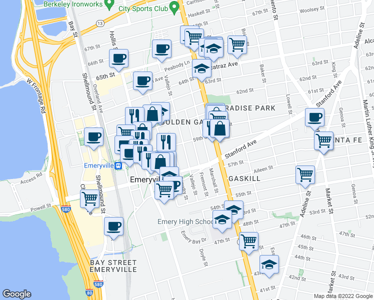 map of restaurants, bars, coffee shops, grocery stores, and more near 5898 Vallejo Street in Oakland