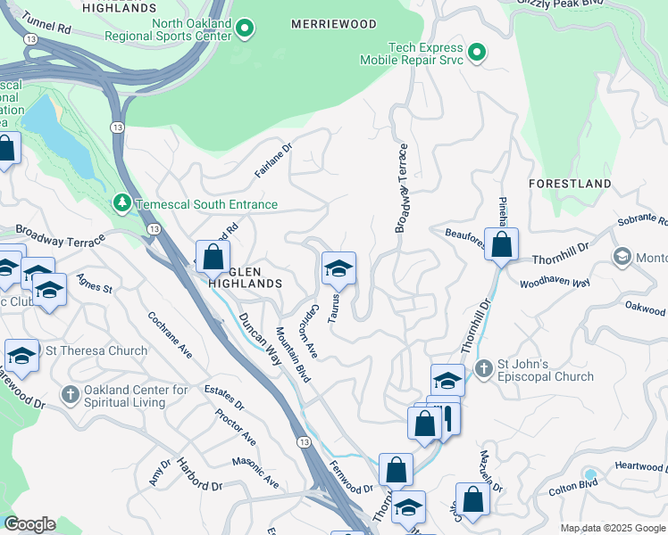 map of restaurants, bars, coffee shops, grocery stores, and more near 9047 Broadway Terrace in Oakland