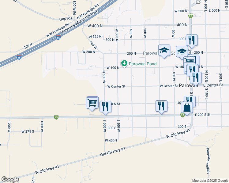map of restaurants, bars, coffee shops, grocery stores, and more near 24 South 500 West in Parowan