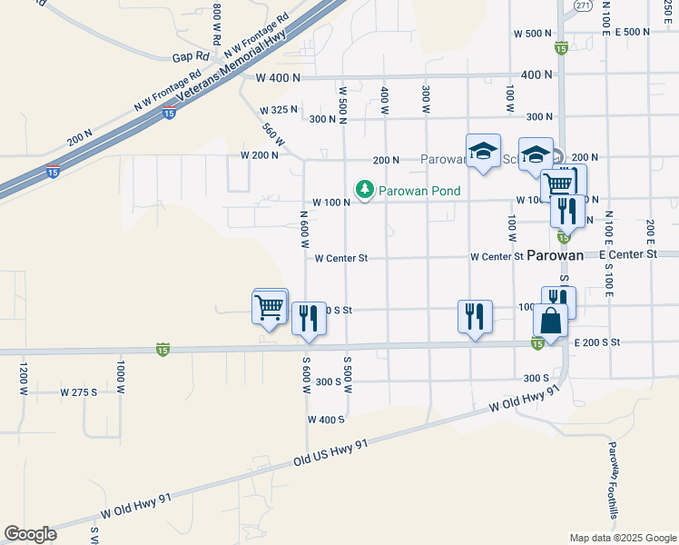 map of restaurants, bars, coffee shops, grocery stores, and more near 24 South 500 West in Parowan