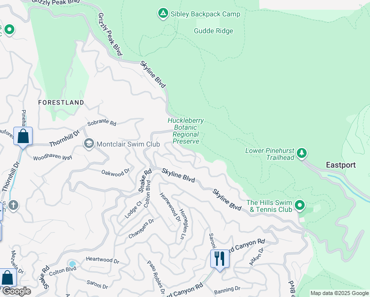 map of restaurants, bars, coffee shops, grocery stores, and more near Villanova Drive in Oakland